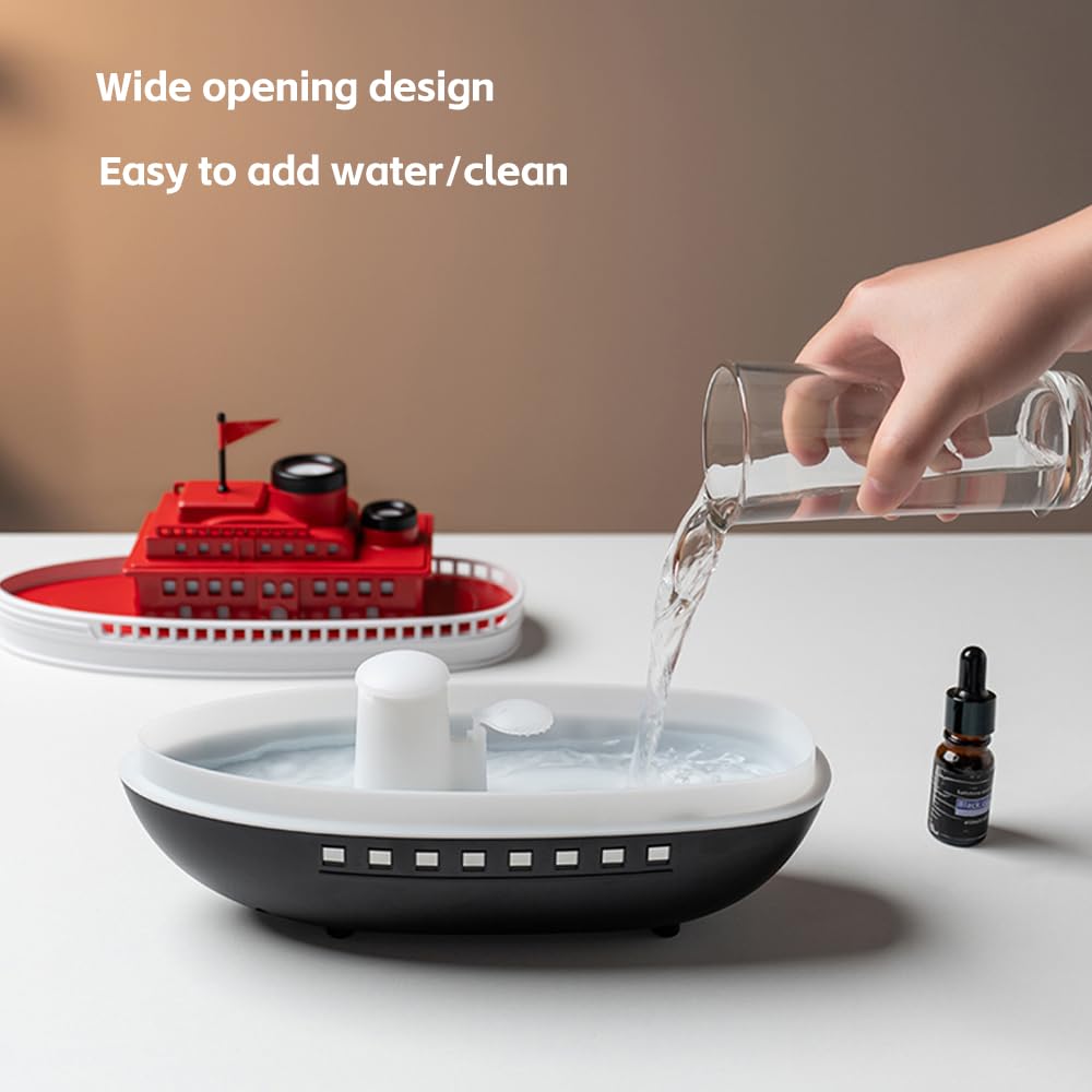 Thoughtalk cartoon ship diffuser side view showing dual-hole mist output for quick humidification.