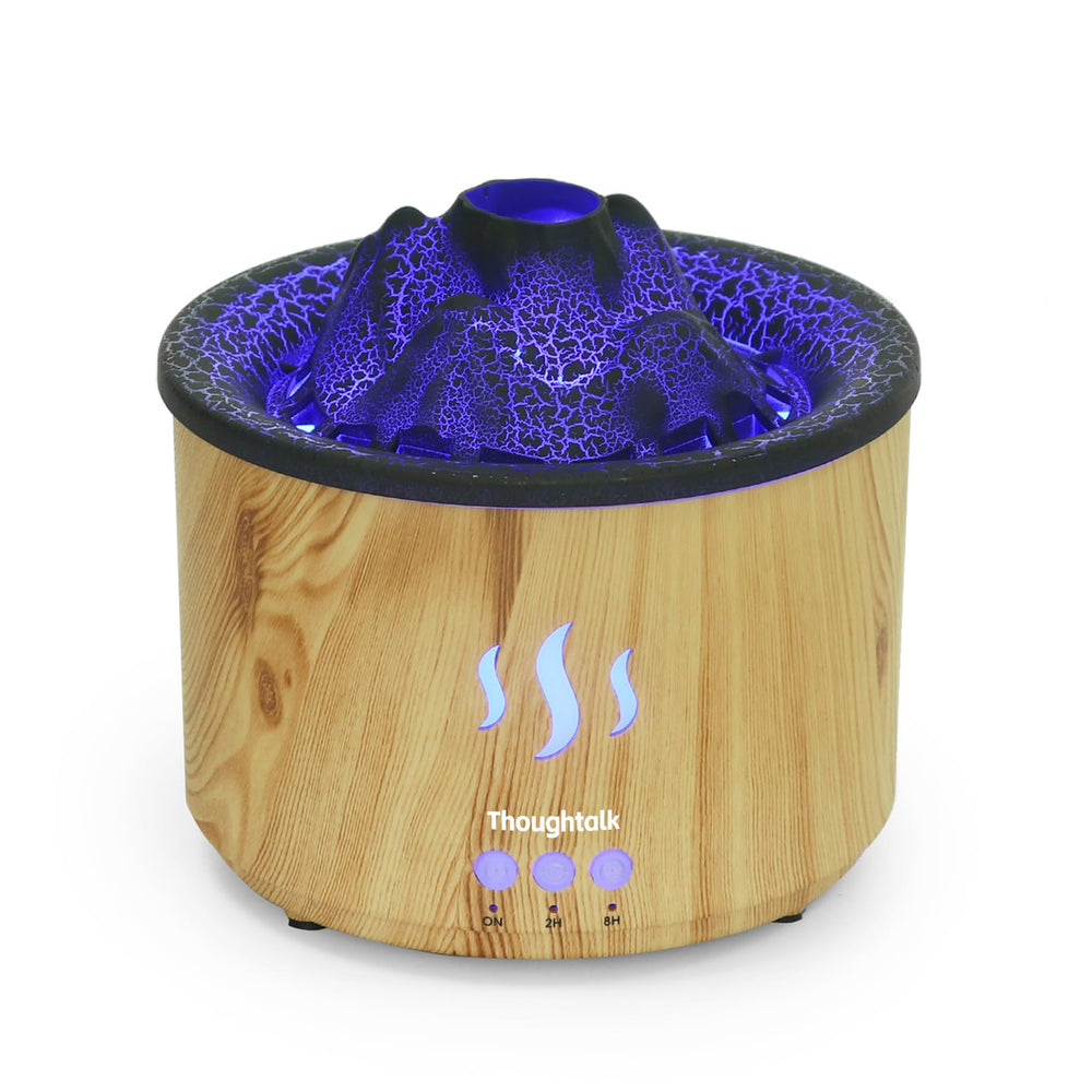 Thoughtalk Volcano Diffuser wood-grain base for calming room ambiance.