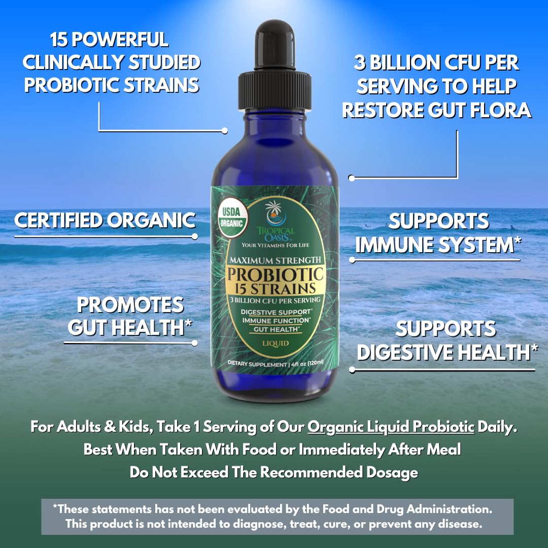 Liquid probiotic drop showing 3 billion CFU per serving