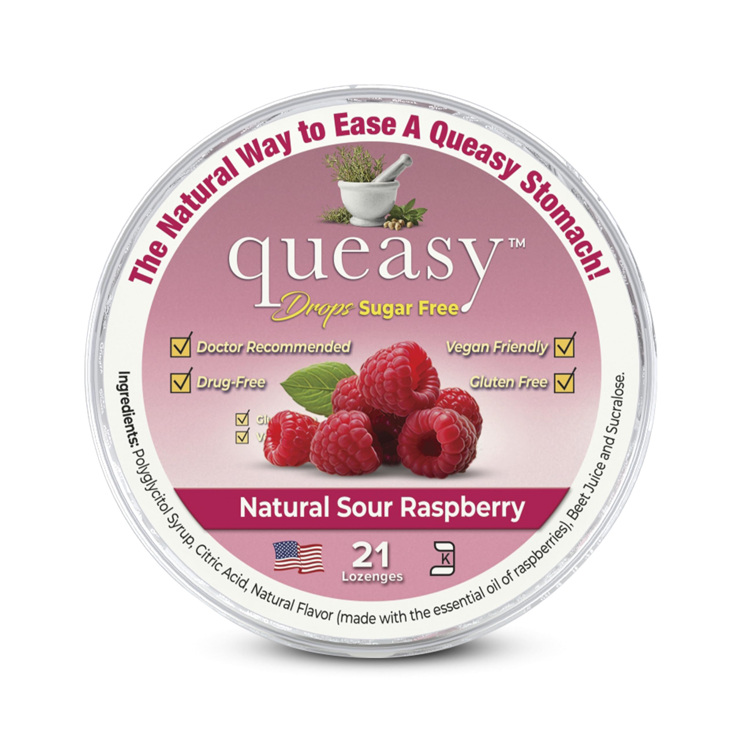 Three Lollies Queasy Drops bottle showing sugar-free sour raspberry for nausea relief on the go