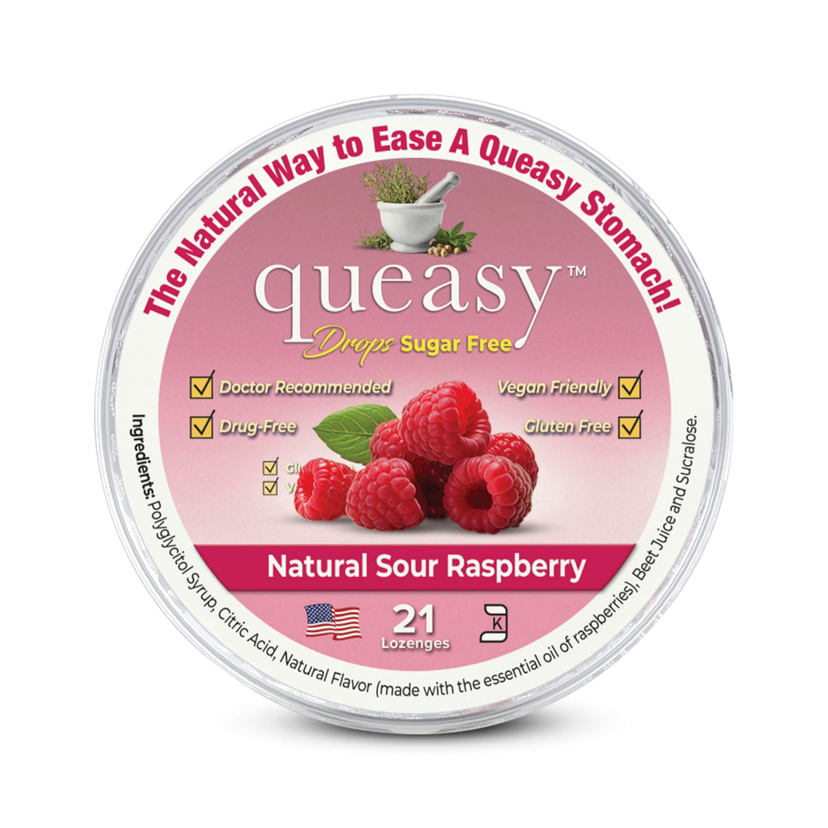 Three Lollies Queasy Drops bottle showing sugar-free sour raspberry for nausea relief on the go