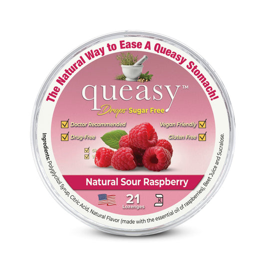 Three Lollies Queasy Drops bottle showing sugar-free sour raspberry for nausea relief on the go