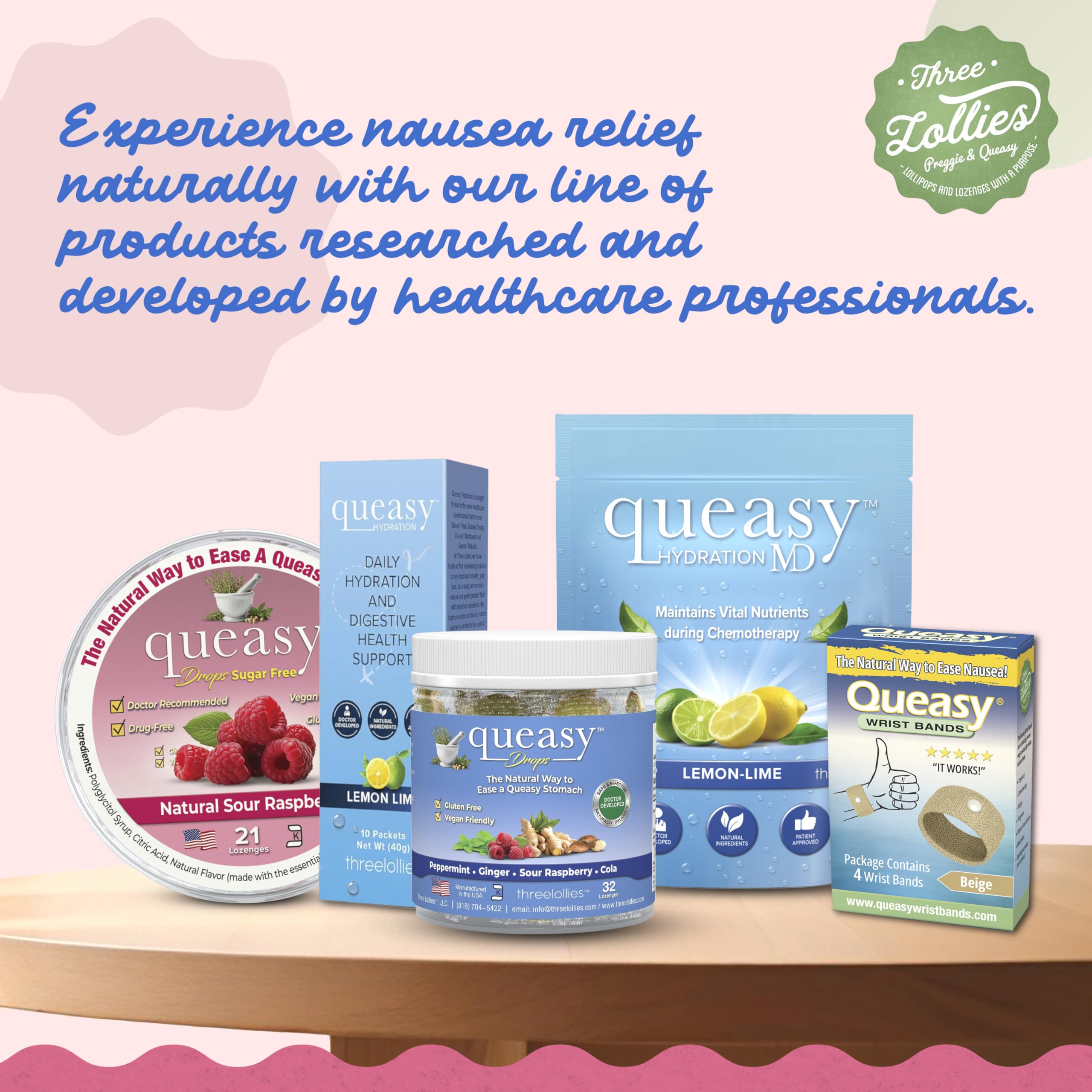 Three Lollies Queasy Drops gluten-free and kosher label indicates dietary compatibility.