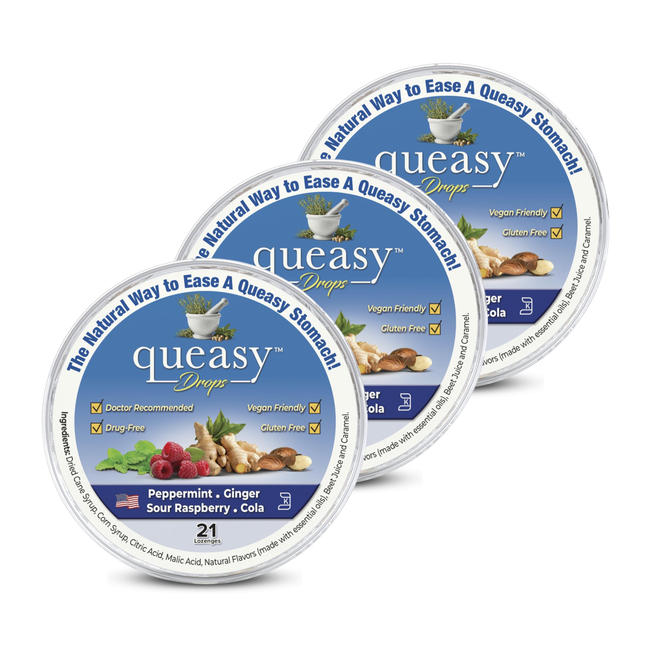 Three Lollies Queasy Drops pack-3-21ct shows three 21-count packs for travel nausea relief.