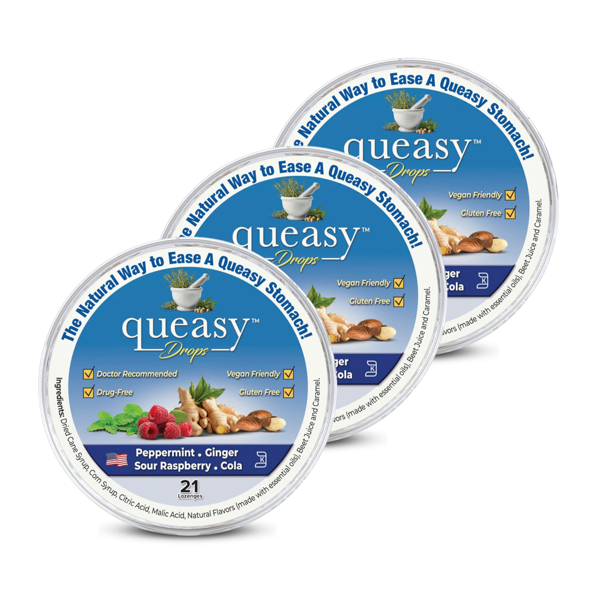 Three Lollies Queasy Drops pack-3-21ct shows three 21-count packs for travel nausea relief.