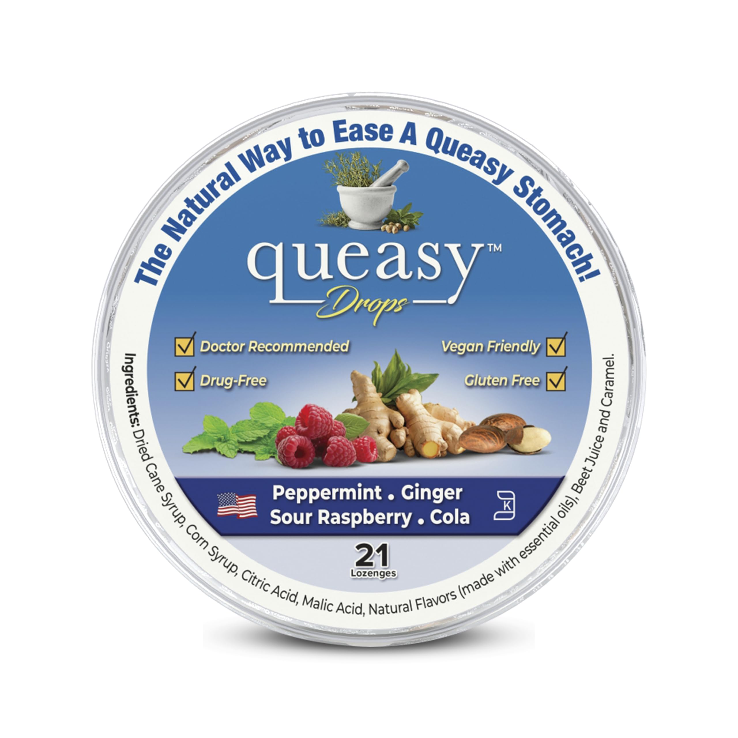 Three Lollies Queasy Drops packaging displays a 21-count tin for on-the-go relief.