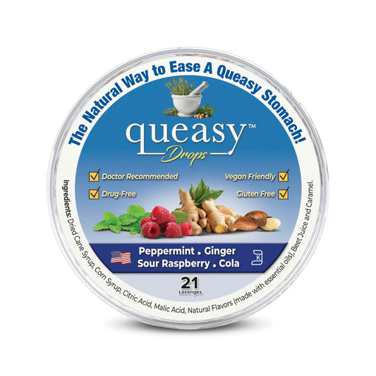 Three Lollies Queasy Drops packaging displays a 21-count tin for on-the-go relief.