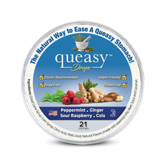 Three Lollies Queasy Drops packaging displays a 21-count tin for on-the-go relief.