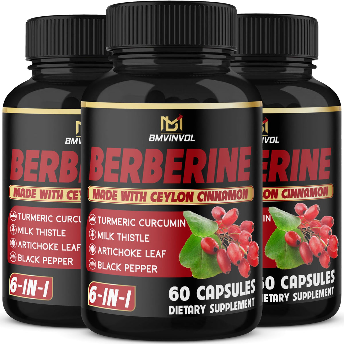 Front view of the three-pack Berberine supplement bottle