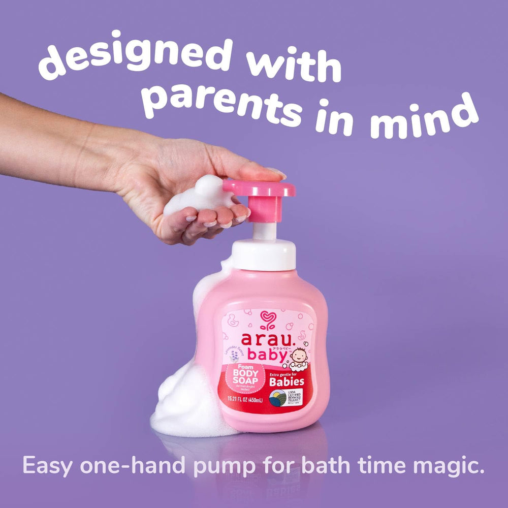 Three-pack box of Arau Baby Foam Body Soap