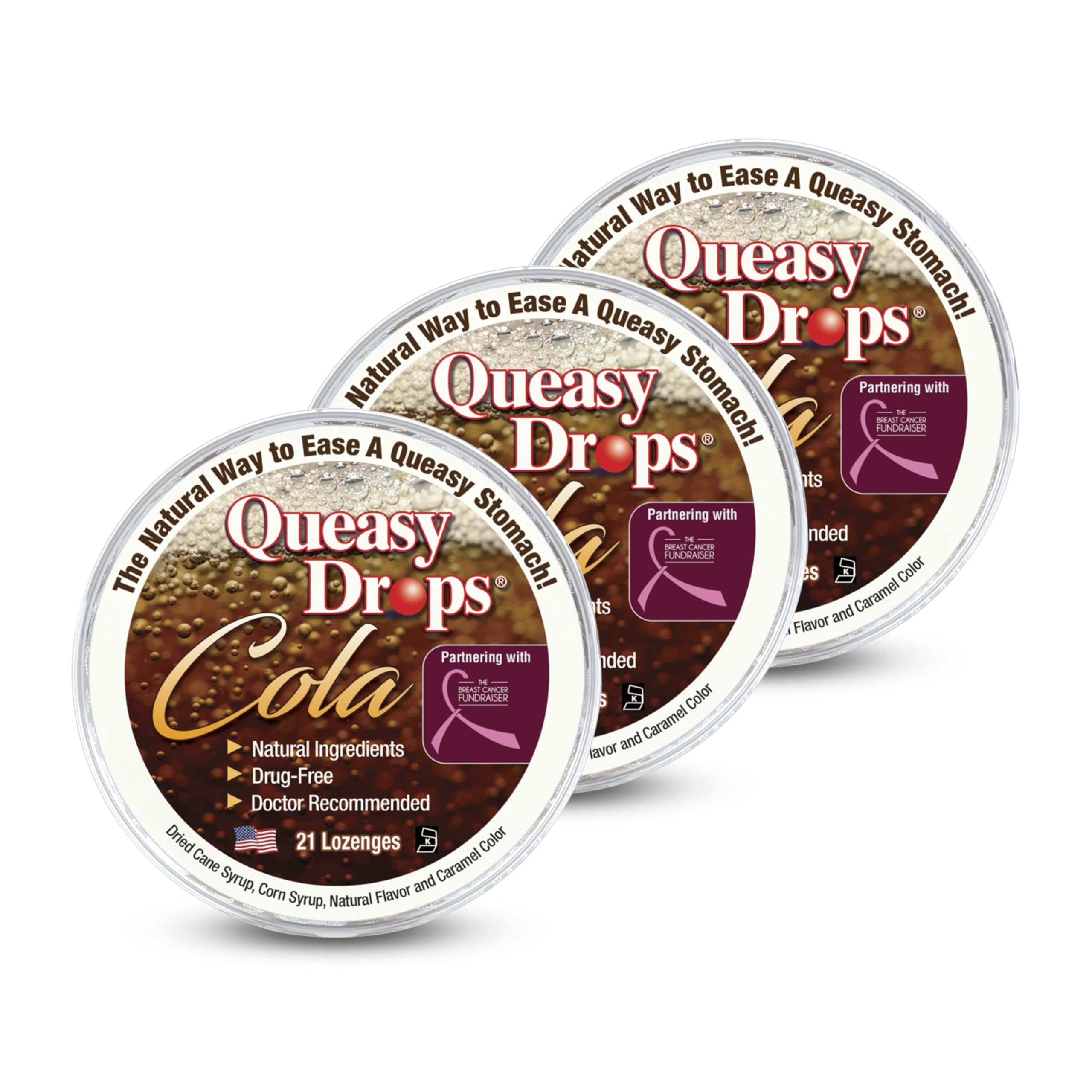 Three Lollies Queasy Drops Cola box front showing packaging for nausea relief