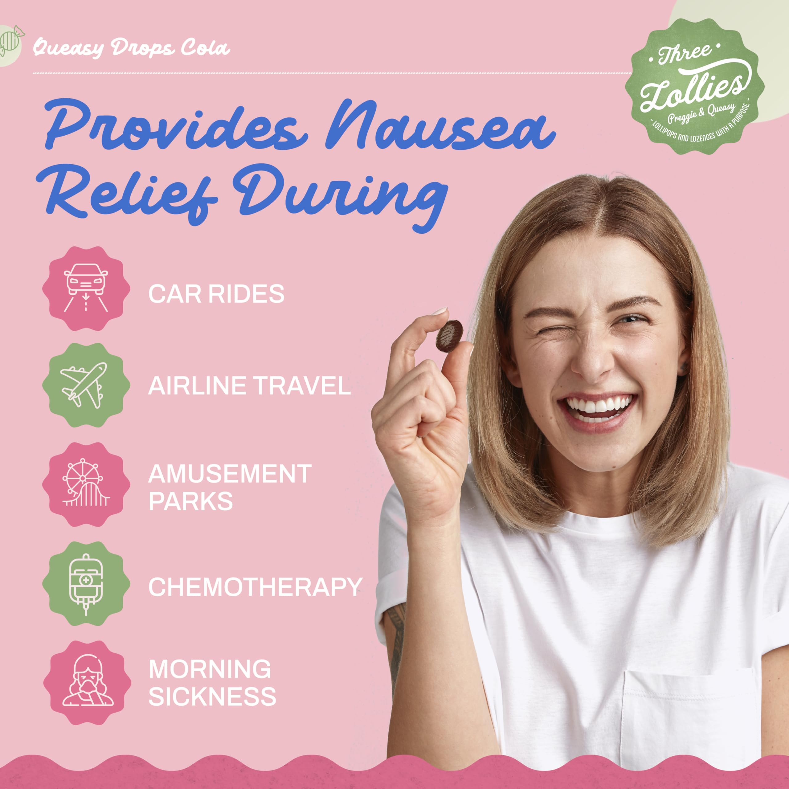 Three Lollies Queasy Drops Cola dissolving in mouth to soothe nausea gently