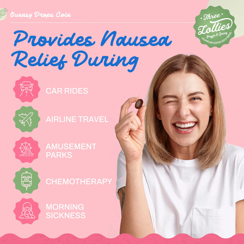 Three Lollies Queasy Drops Cola dissolving in mouth to soothe nausea gently