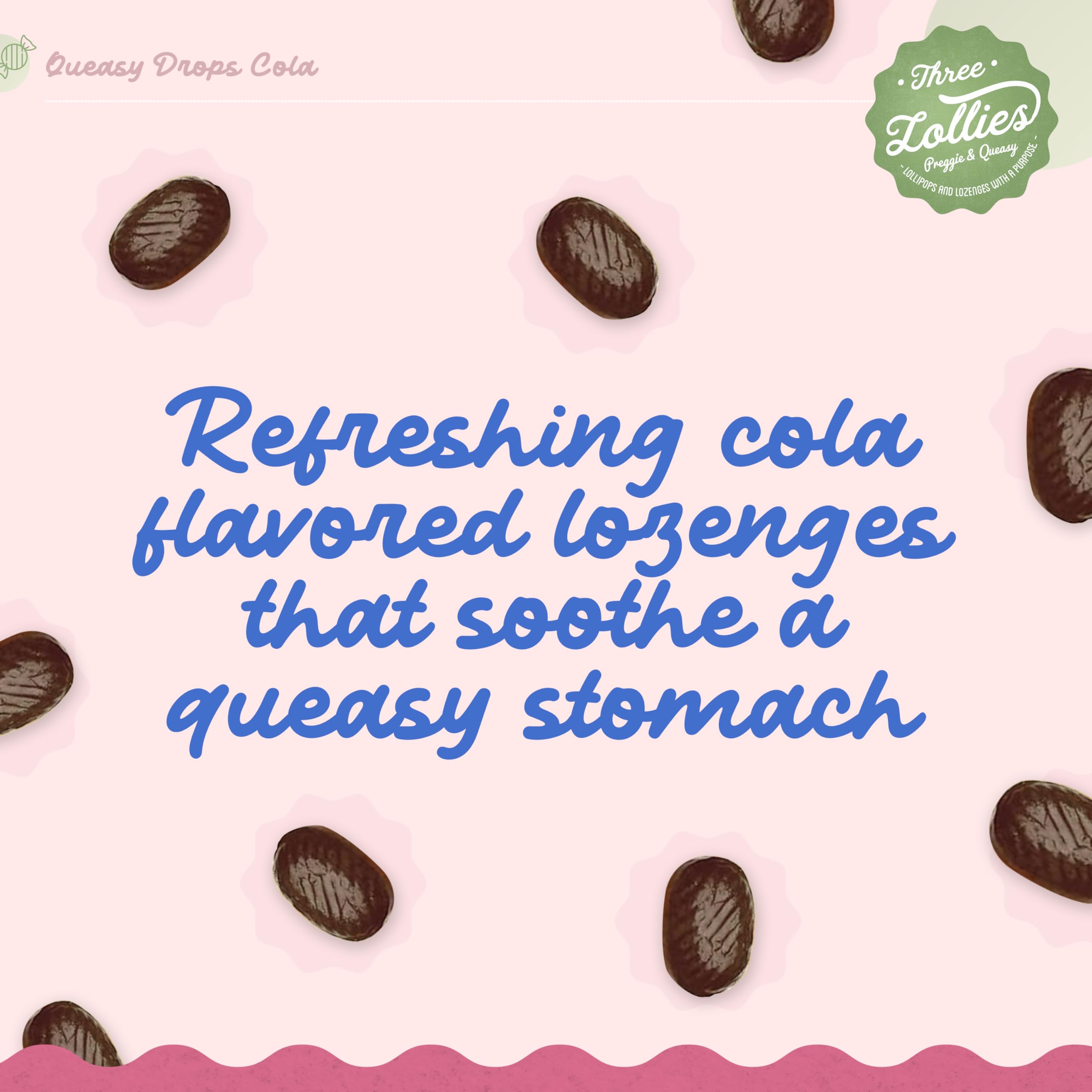 Three Lollies Queasy Drops Cola packaging shows USA-made healthcare-developed formulation