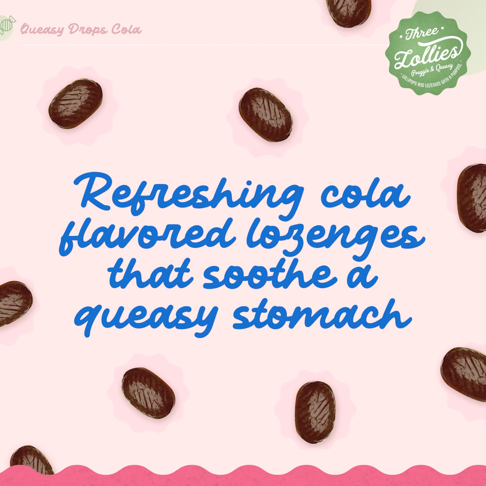Three Lollies Queasy Drops Cola packaging shows USA-made healthcare-developed formulation