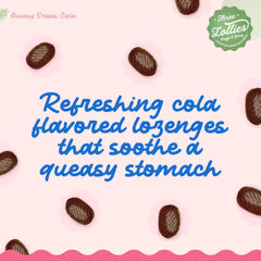 Three Lollies Queasy Drops Cola packaging shows USA-made healthcare-developed formulation