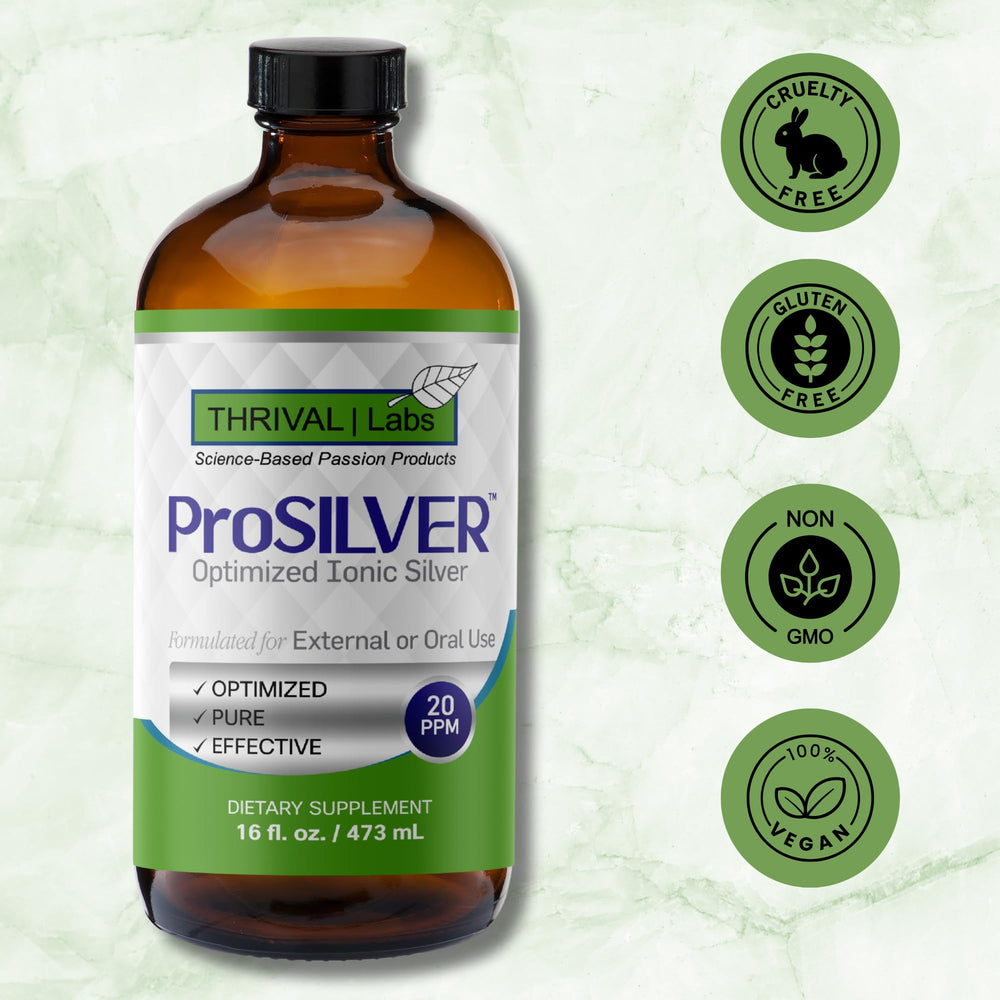 Eco-friendly amber glass packaging of Thrival Labs silver liquid