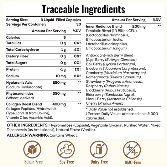 Ingredient panel showing 1200 mg Hylunaric Acid with phytoceramides, collagen peptides, and vitamin C
