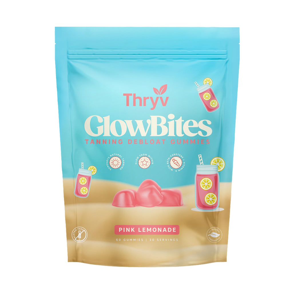 Front view of Thryv UVBites Tanning Gummies bottle
