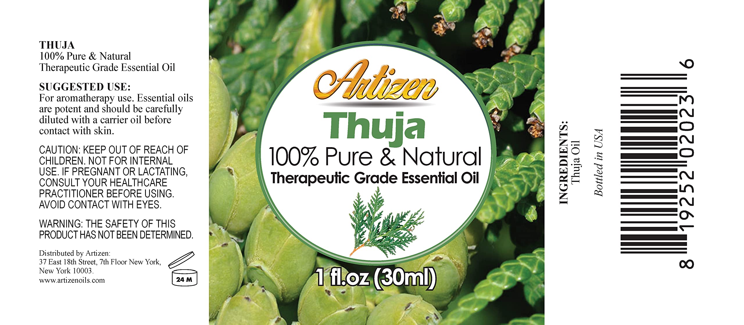 Close-up of Thuja essential oil bottle