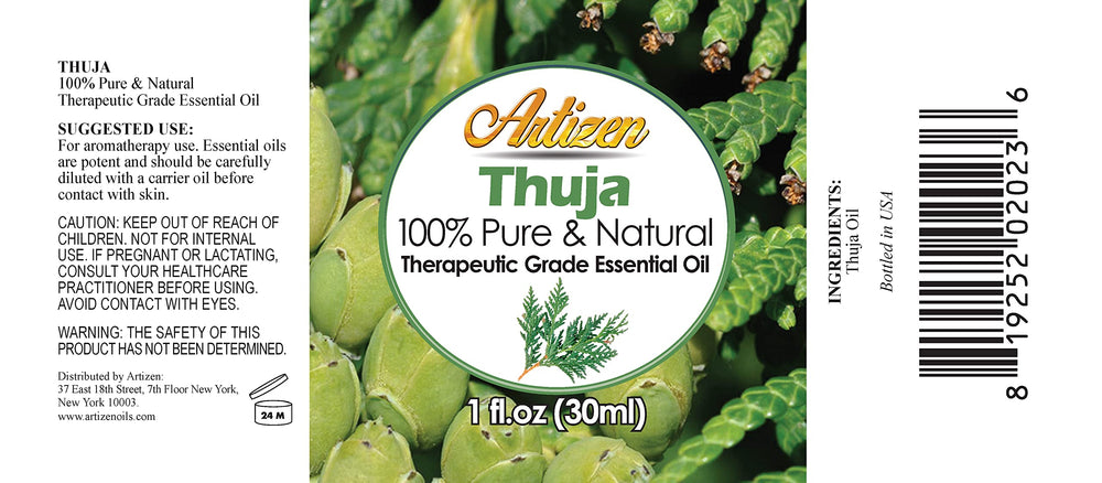 Close-up of Thuja essential oil bottle