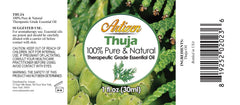 Close-up of Thuja essential oil bottle
