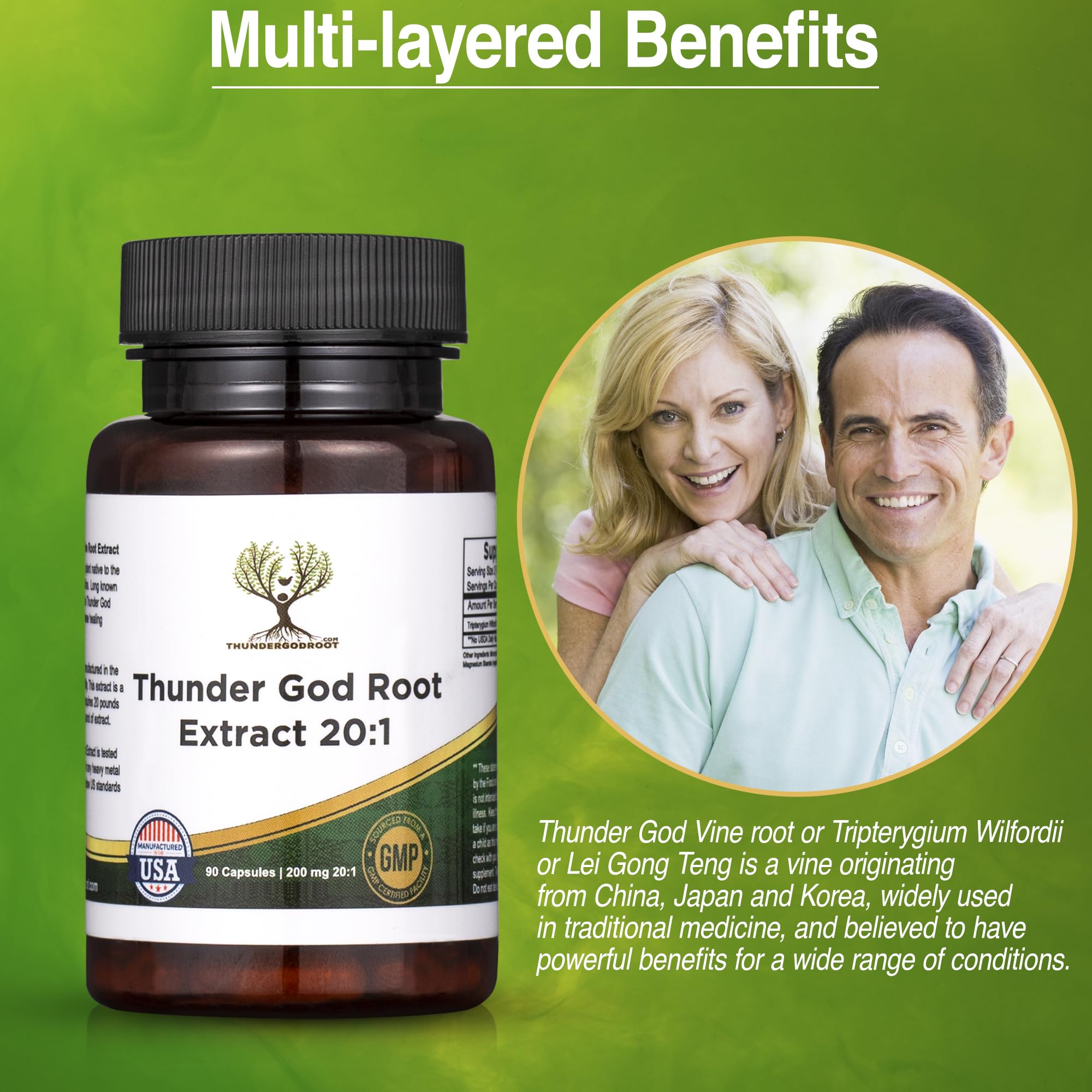 Thunder God Vine capsules presented with 200 mg high-strength dosage for daily use.