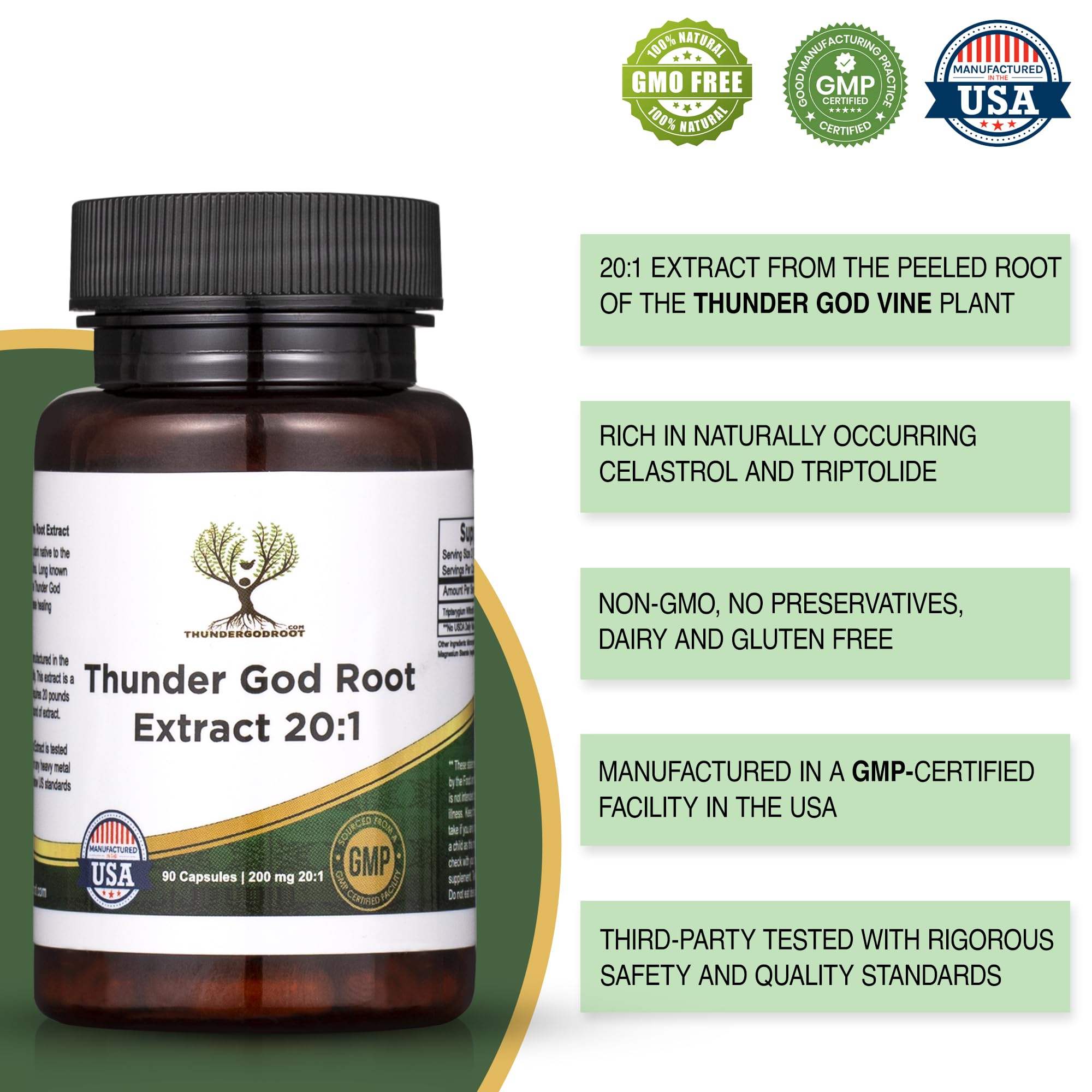 Close-up of Thunder God Vine bottle label highlighting Lei Gong Teng extract quality.