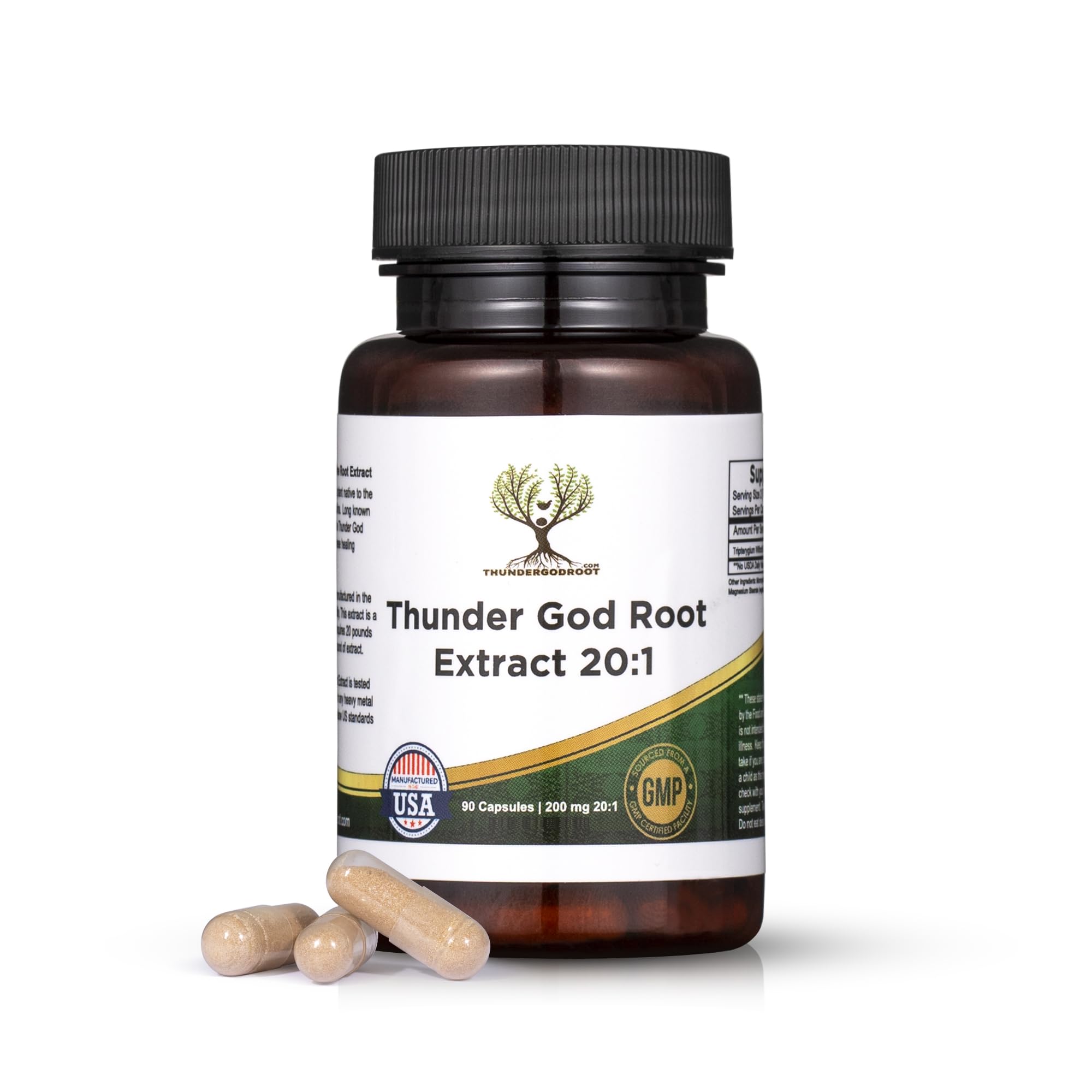 Thunder God Vine Root 20:1 bottle shows premium extract for daily wellness.