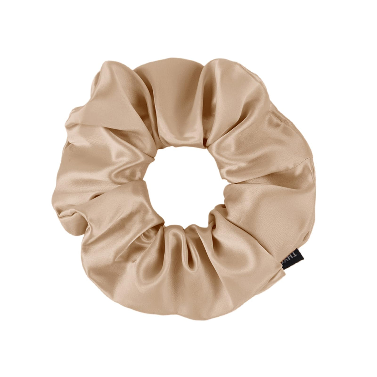 THXSILK Champagne silk scrunchie closeup highlights soft fabric and gentle grip
