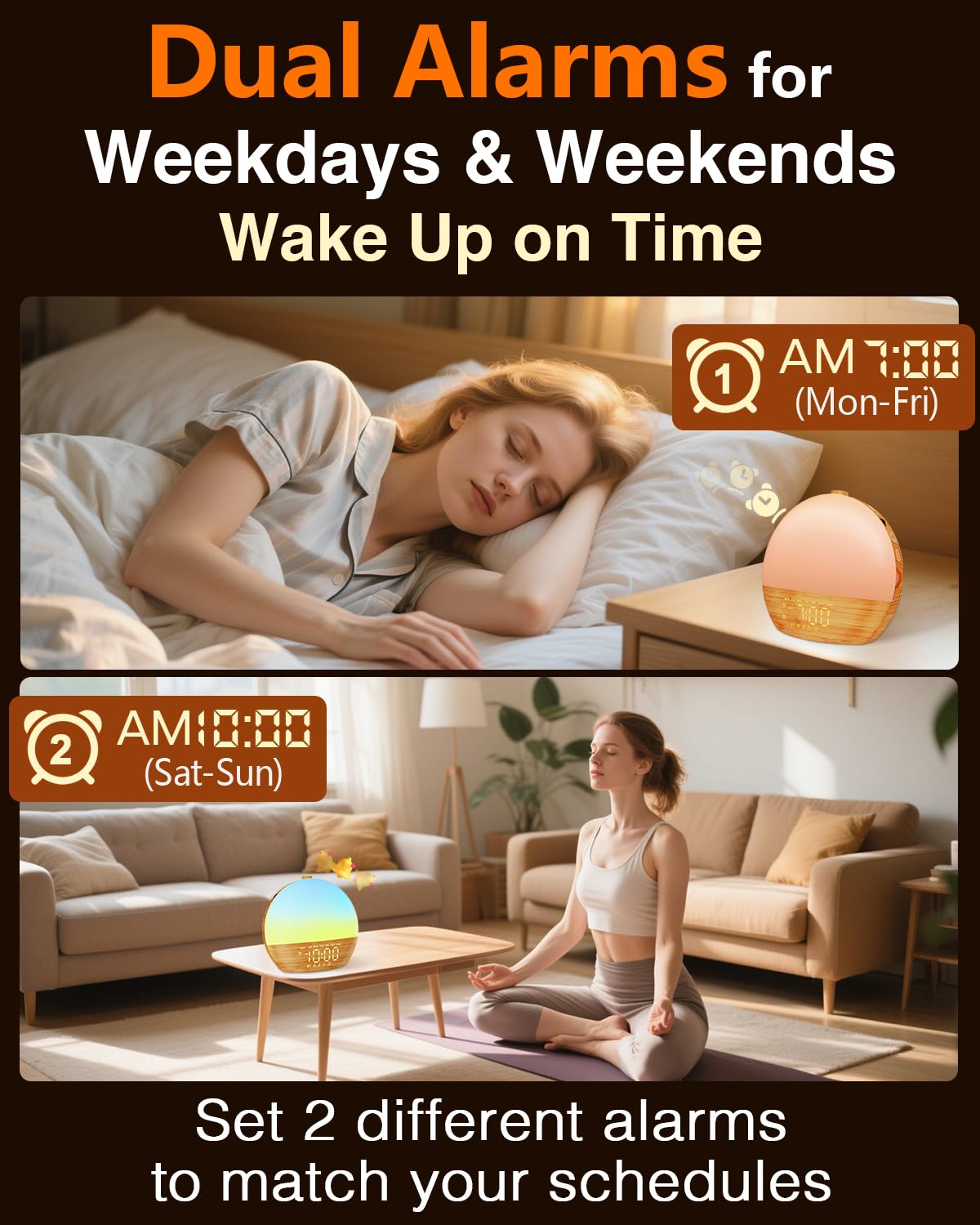 Thybro sunrise alarm showing dual alarms for separate schedules