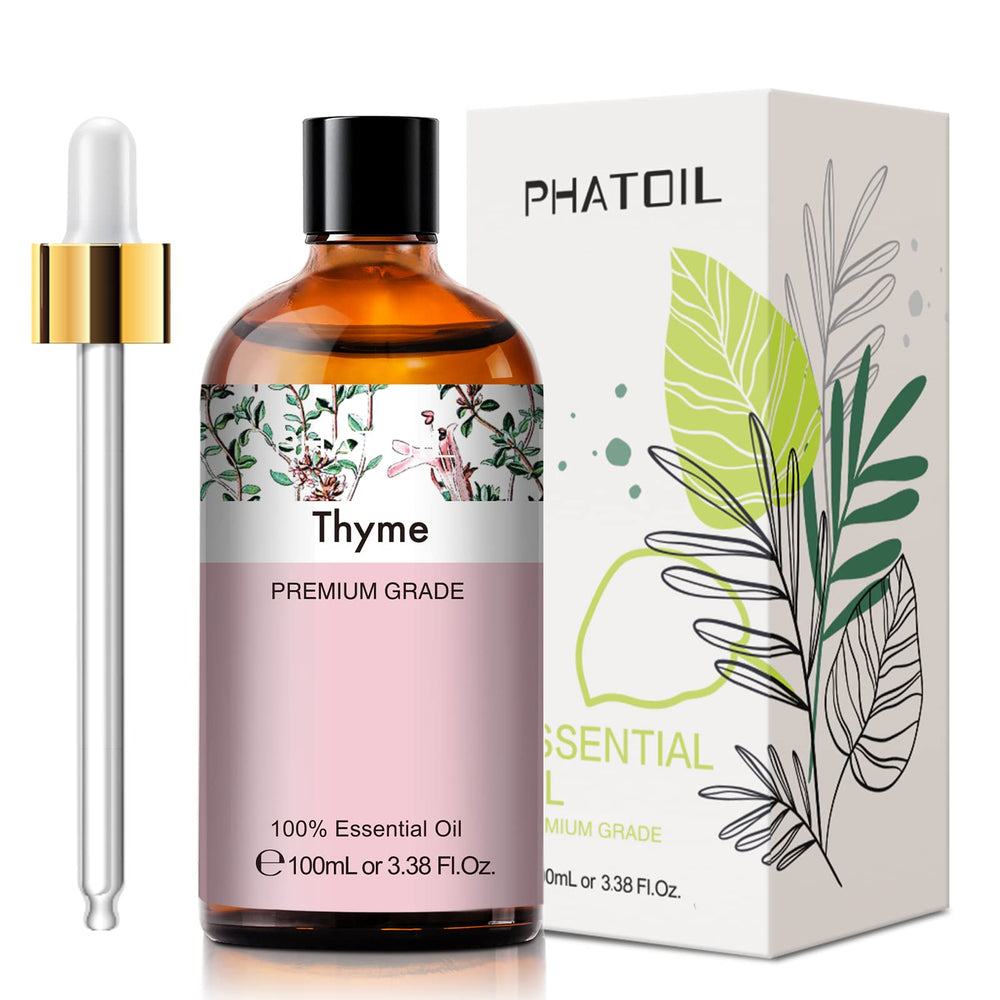 Close-up of thyme essential oil bottle dropper