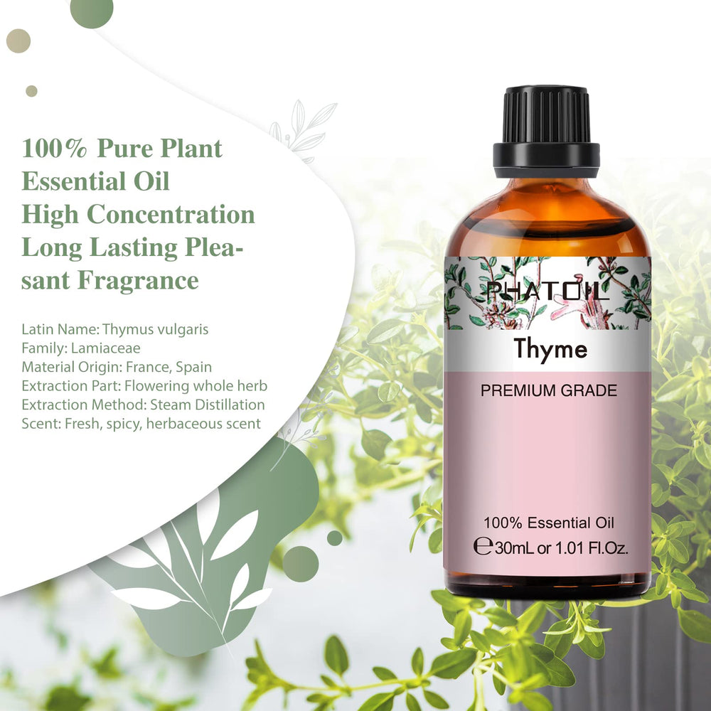 Close-up of built-in dropper on thyme essential oil bottle