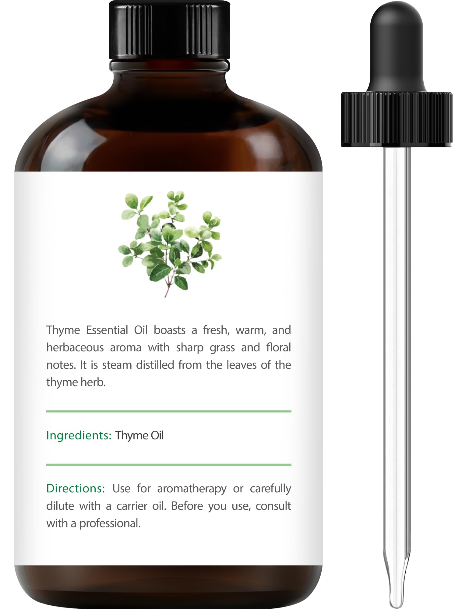 Close-up of amber glass bottle with dropper for Thyme Essential Oil