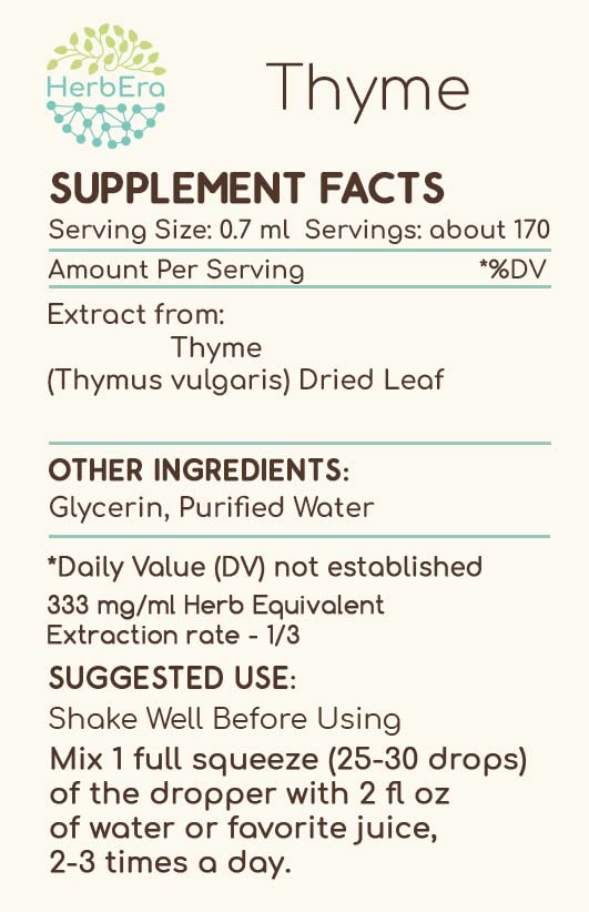 Glycerin and distilled water ingredients listed for the thyme extract