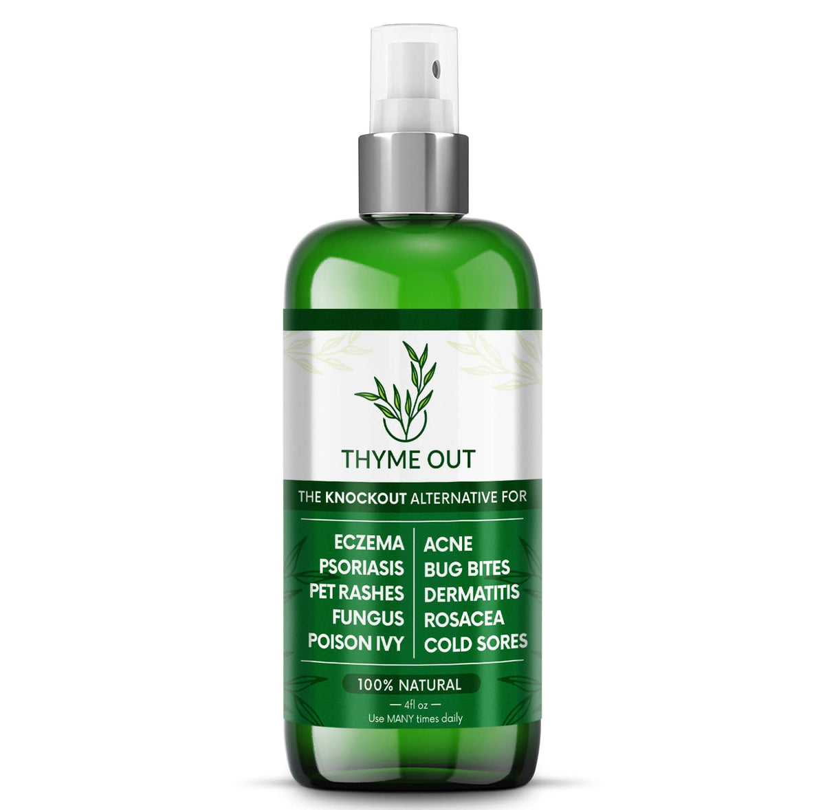 Thyme Out eczema bottle shows thyme-infused formula for soothing itchy skin relief.