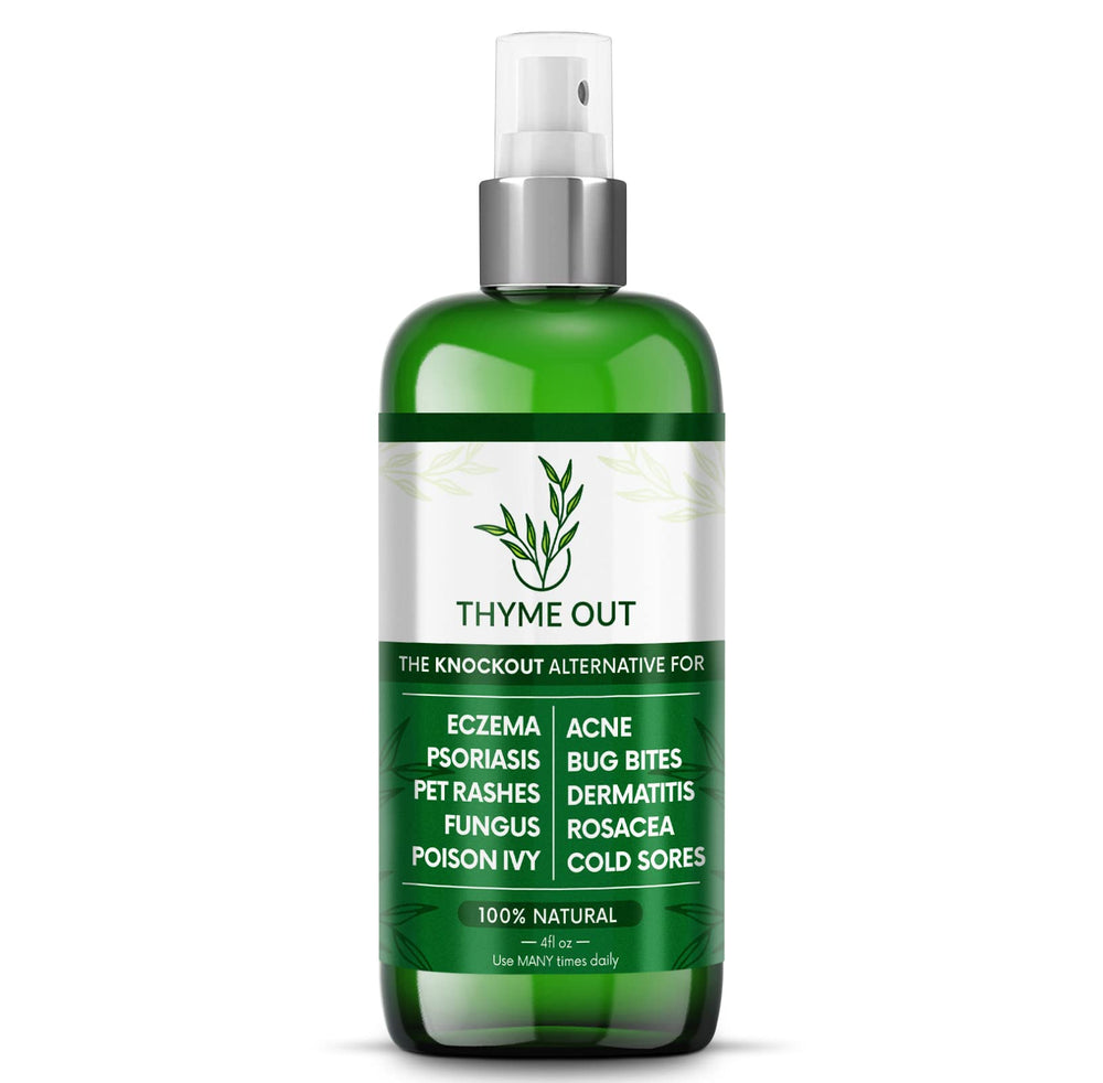Thyme Out eczema bottle shows thyme-infused formula for soothing itchy skin relief.