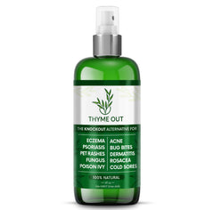 Thyme Out eczema bottle shows thyme-infused formula for soothing itchy skin relief.