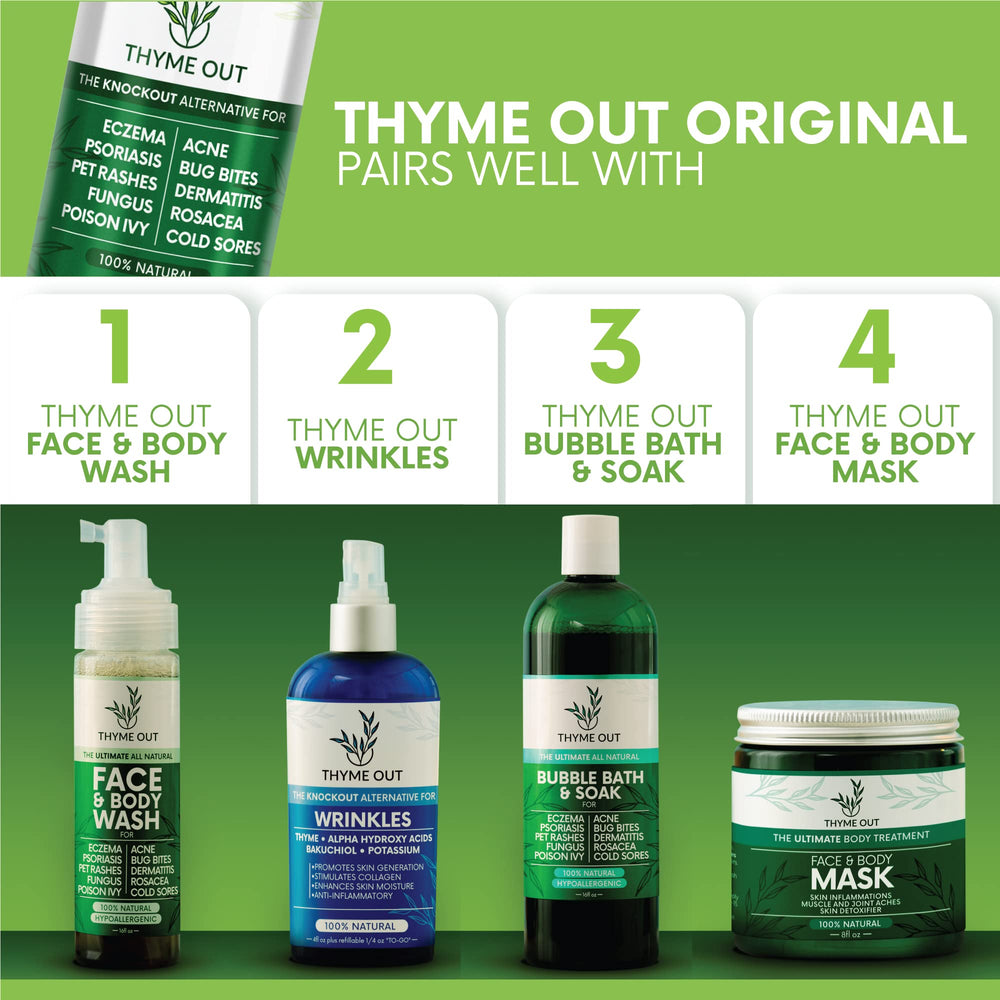 Thyme Out natural ingredients label communicates plant-based care and transparency.