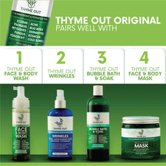 Thyme Out natural ingredients label communicates plant-based care and transparency.