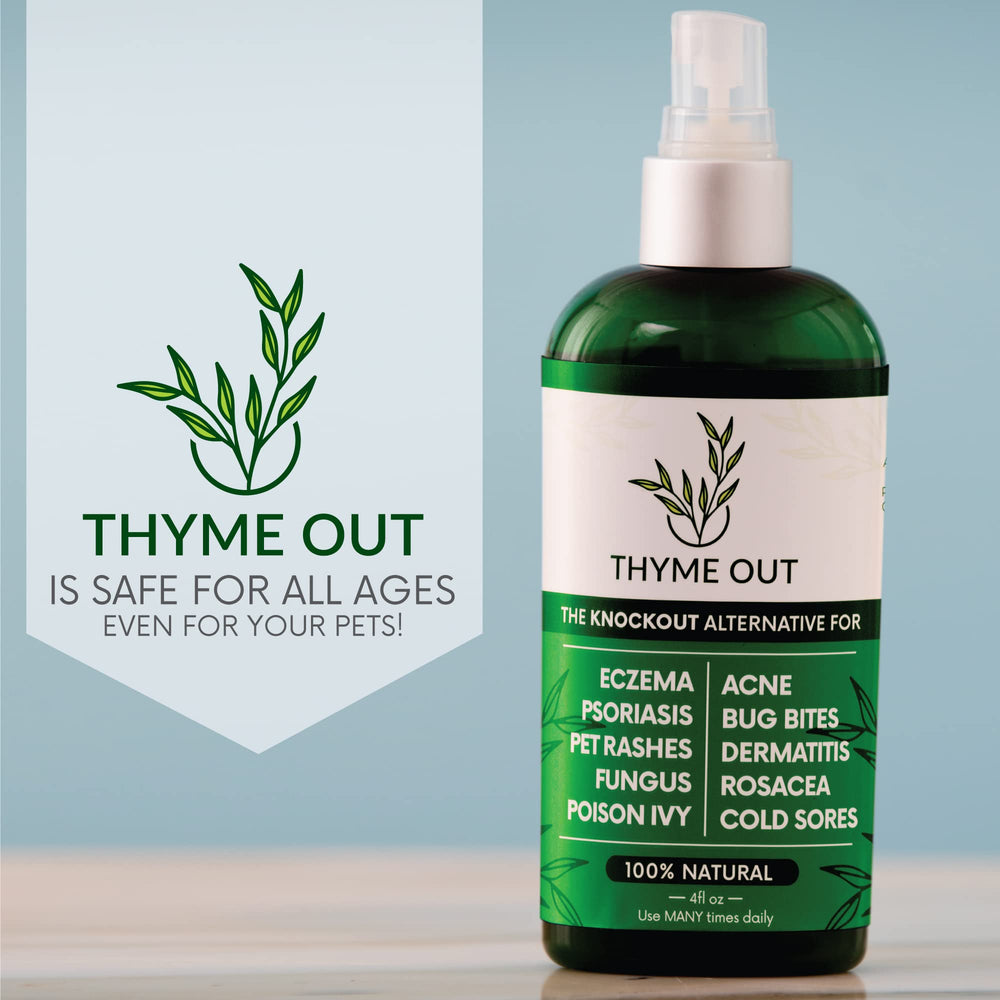 Thyme Out thyme-infused ingredients close-up highlights natural care without harsh chemicals.