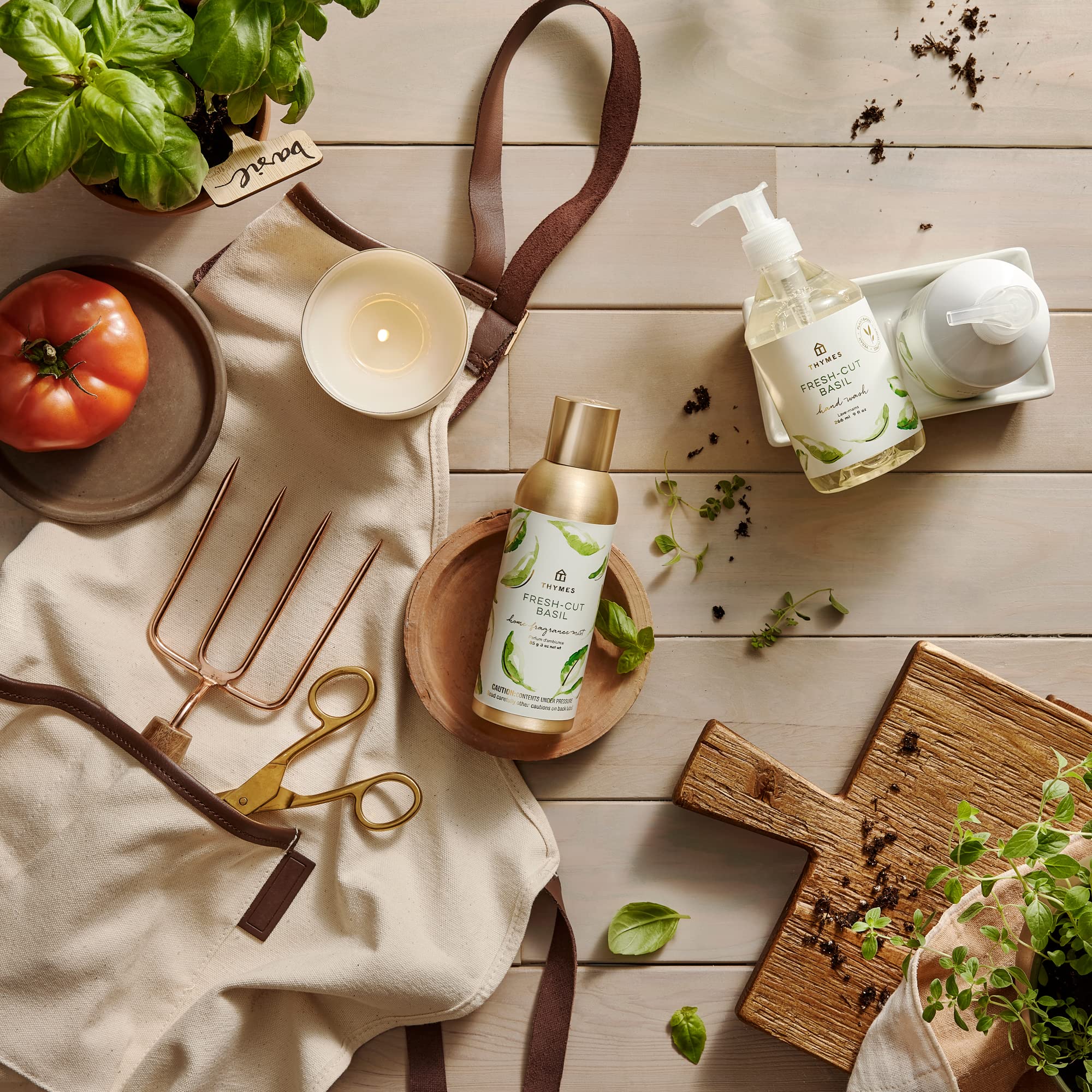 Elegant packaging design for Thymes Fragrance Mist Fresh-Cut Basil