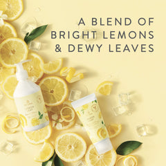 Lemon Leaf fragrance mist bottle with leaves background