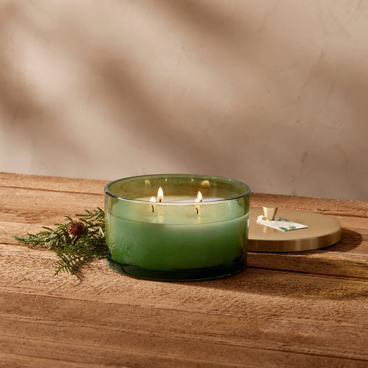 Candle with green glass and brushed gold lid