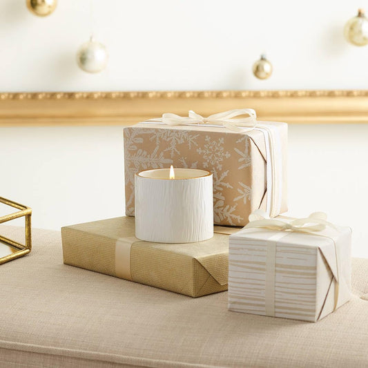 Close-up of Frasier Fir Petite Candle in wood-grain ceramic