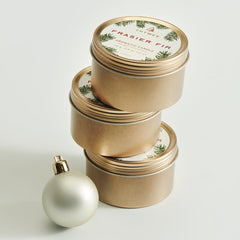 Gift-ready Thymes travel tin holiday candle packaging.