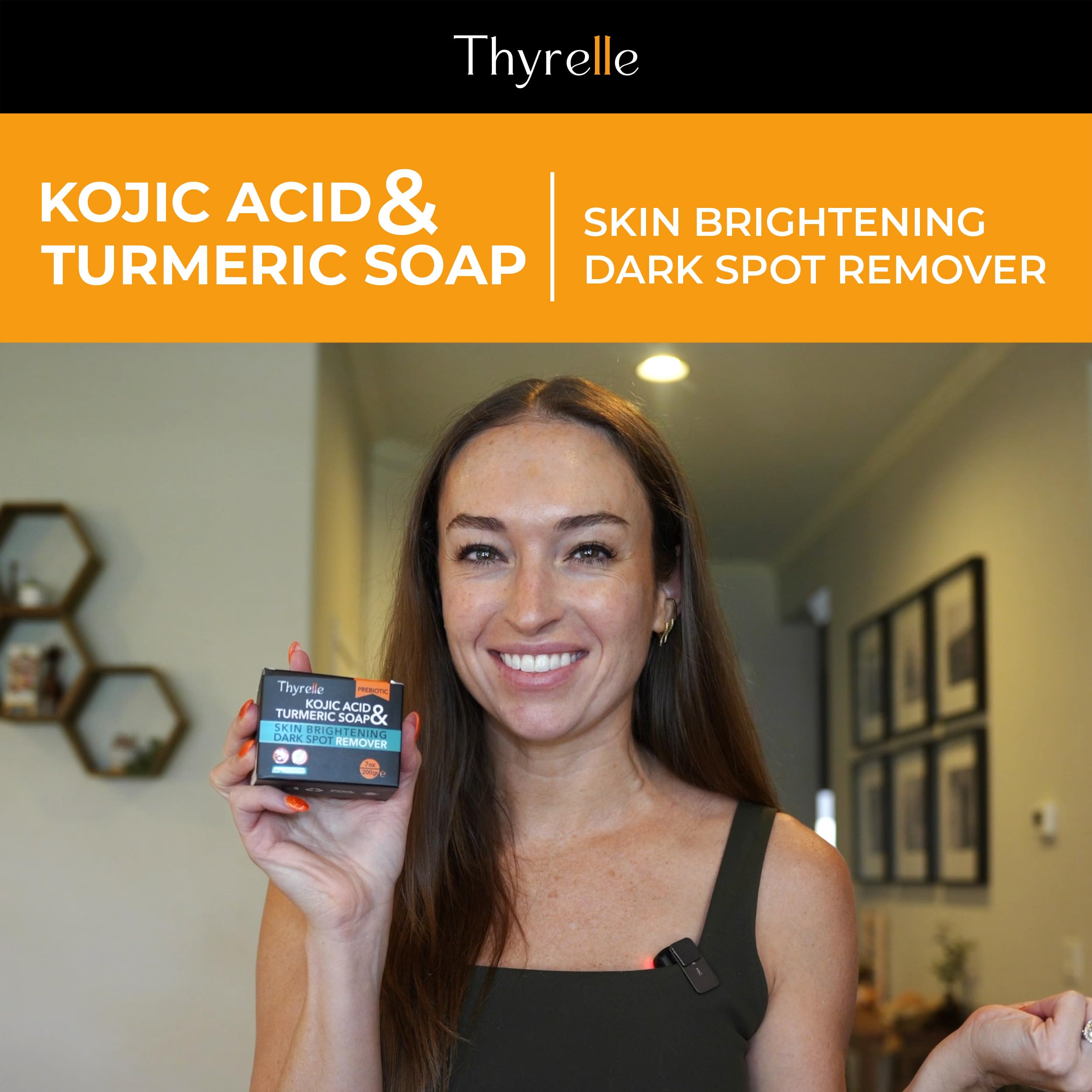 Application gesture shows Thyrelle soap ready for daily cleansing routine.