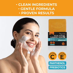 Ingredients visual highlights kojic acid, turmeric, vitamin C, and prebiotics for healthier skin.