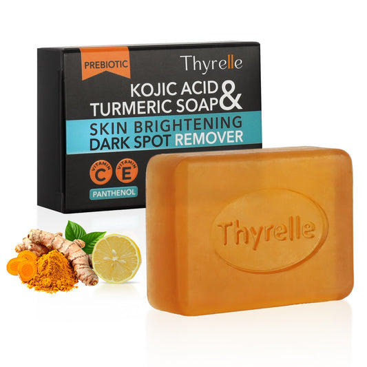 Packaging of Thyrelle Kojic Acid and Turmeric Soap highlights premium ingredients for daily use.