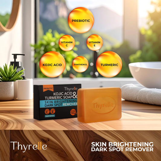 Close-up texture of Thyrelle soap shows creamy, moisturizing bar for skin care.